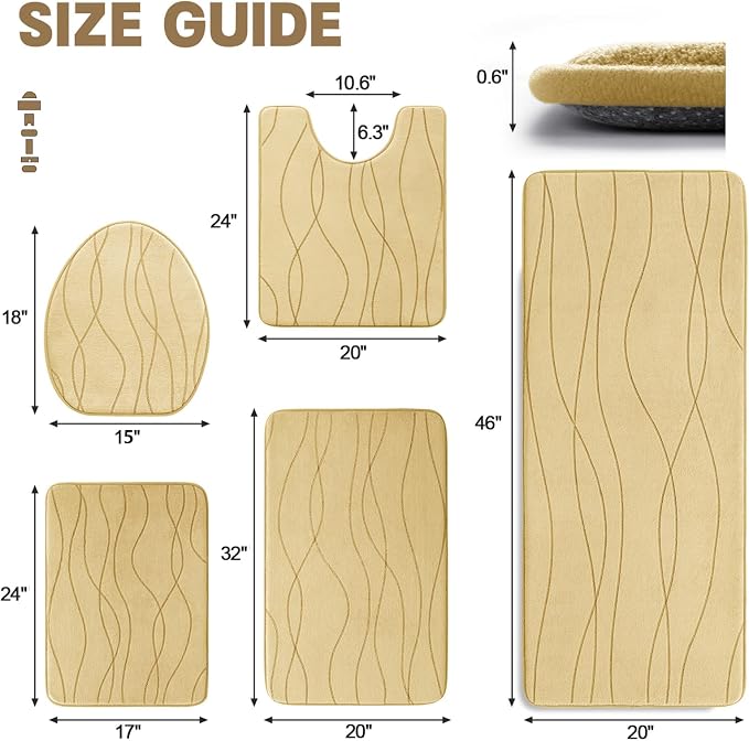 YIHOUSE Bathroom Rugs Set 5 Piece, Memory Foam Bath Mat Beige | Ultra Soft, Absorbent, Non-Slip, Machine Washable, for Bathroom, Sink and Toilet