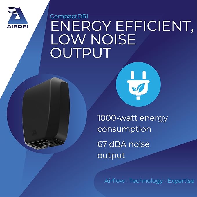 CompactDRI Automatic Hand Dryer - 1.0kW Low Noise Motor - 15-Second Dry Time - 70dBa Noise Output - ADA Compliant - Ideal for Commercial Spaces and Public Facilities - Black