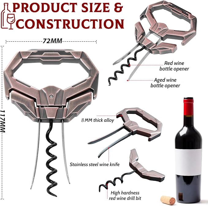 Ah So Wine Opener for Vintage Bottles, Old Wine Corkscrew with Portable Leather Case, Two Prong Cork Puller, for Wine Connoisseurs & Collectors to Uncork, Ideal Gifts for Wine Lovers (Mecha Copper)