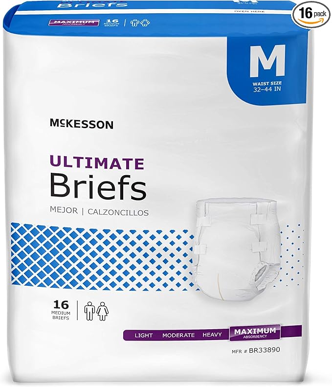 McKesson Ultimate Briefs, [16 Count], Size M, 32-44 in. Incontinence Adult Diapers with Tabs, Maximum Absorbency, Unisex, Disposable, Elastic Leg Gathers and Contoured Fit for Men and Women