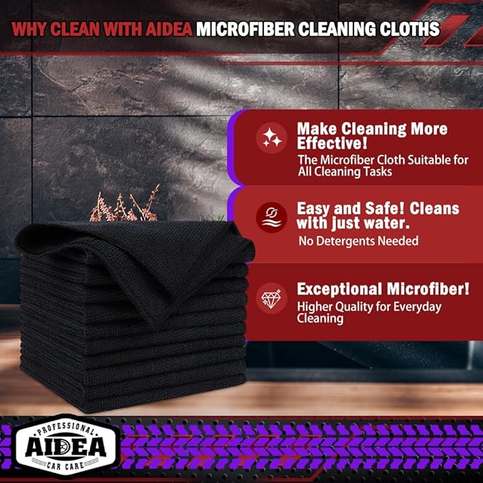 AIDEA Microfiber Cleaning Cloth Black, 800PK, Microfiber Towels for Cars, Shop Towels Cleaning Rags, Premium Wash Cloths, Absorbent Towel for SUVs, House, Kitchen, Commercial, Cleaning Supplies 12×12"