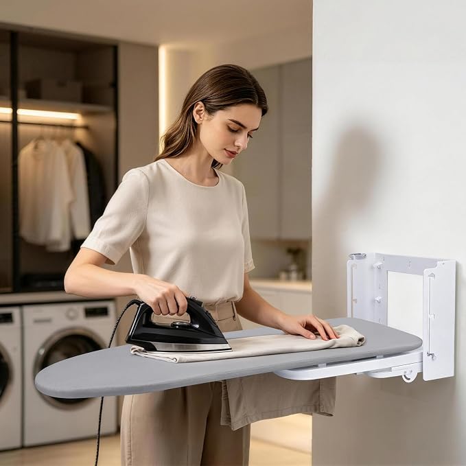 Wall Mounted Ironing Board Height Adjustment with Iron Holder 36 x 12 Inch | Fold Down Ironing Board Wall Mount Space-Saving Iron Board with Removable Heat Resistant Cover for Laundry Room, Home