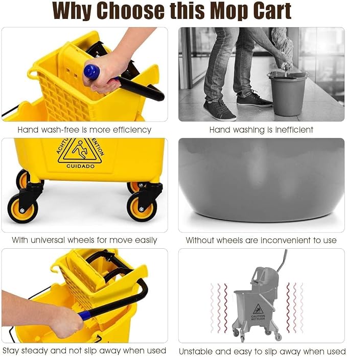 Mop Bucket, Commercial Bucket for Mopping on Wheels with Potable Handle, Mop Bucket with Wringer for Home, Household, Office, Bathroom, Yellow (34 Quarts)