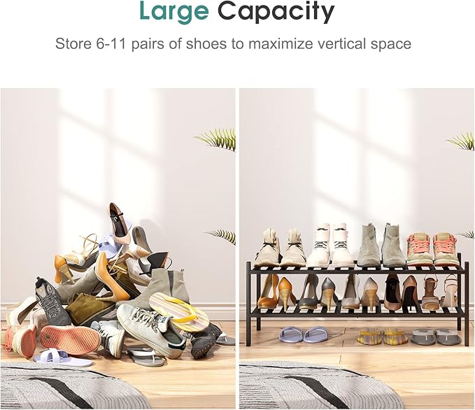 viewcare Black Shoe Rack, 2-Tier Long Shoe Rack for Entryway, Bamboo Wood Shoe Shelf for Closet & Hallway, Long 33IN | Beautiful | Functional | Sturdy | Durable
