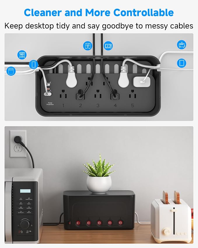 Power Strip with Cable Management Box,Surge Protector 10 AC and 3 USB Ports,6 ft Flat Plug Extension Cord,Outlet Hider Fast Charging Station,Desk Cord Organizer Box and Cover,Hidden Long Wire,Black