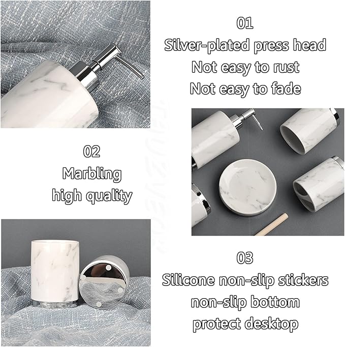 Soap Dispenser Set White, Set of 5 Bathroom Accessories, with 2 Toothbrush Cups, Soap Dish, Toothbrush Cup, Ceramic Soap Dispenser, for Bathrooms, Apartments, Dormitories,White d