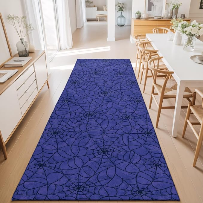 Hallway Runner Rug 2'x6', Navy Blue Halloween Washable Bathroom Area Rugs for Kitchen Bedroom Laundry, Black Spiders Net Classic Gingham Non Slip Door Mat Indoor Entrance Floor Throw Bedsides Carpet