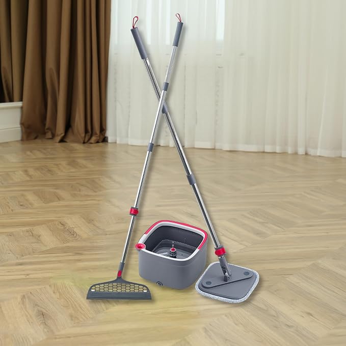 True & Tidy Square Spin Mop & Bucket System w/Extra Squeegee Head