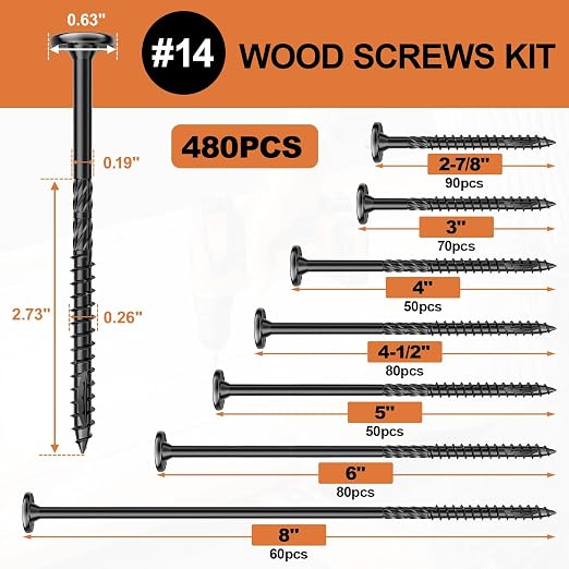 #14 Wood Screws Assortment Kit, 480Pcs Star Drive Decking Wood Screws, Rust Resistant Timber Screws for Timber/Log/Landscaping(2-7/8", 3", 4", 4-1/2", 5", 6", 8")