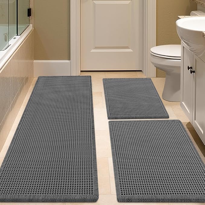 IM HOME Waffle Bath Mat Set 3 Piece Grey,Woven Modern Bath Rug Mats, Absorbent Non Slip Bath Floor Mat, Soft Washable Boho Bath Rugs with Tassels for Bathroom, Bedroom, Kitchen,Tub