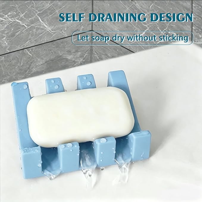 Self Draining Soap Dish Holder,Silicone Soap Dish,for Bathroom,Kitchen, Sponges，Can Extend Soap Life，Keep Soap Bars Dry and Easy Cleaning (Sky Blue,1-Pack)
