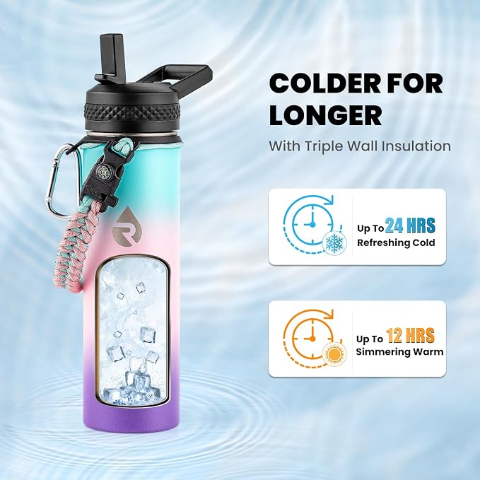 RAYMYLO Insulated Water Bottle 20 oz, Triple Wall Vacuum Stainless Steel (Cold for 24Hrs, Hot for 12Hrs), Leak Proof & Non-BPA, Modern Water Bottle Jug for School with Straw Spout Lids