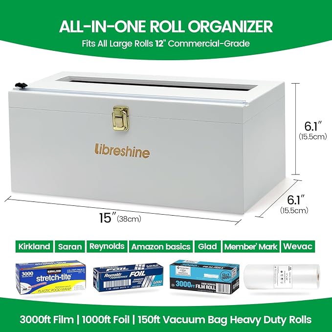 Libreshine White 12 Inch Plastic Wrap Dispenser with Cutter, Commercial Bamboo Holder for Large 3000 Ft Plastic Wrap Rolls and 1000 Ft Foil Rolls, Fits Costco and Kirkland Size Wrap