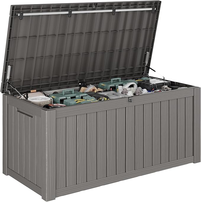 Outdoor Storage Box, 155 Gallon Large Outdoor Resin Deck Box, Storage Waterproof Boxes Lockable Lid for Garden Tools, Pool Supplies, Patio Furniture and Cushions, Grey
