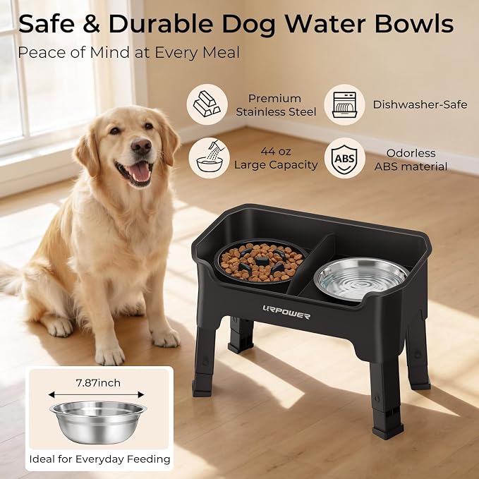 URPOWER Mess Proof Elevated Dog Bowls, Slow Feeder with Splash Guard | No Spill Water Bowl, Slow Feeder Dog Bowls, Non-Slip Food and Water Bowl Set for Small, Medium & Large Dogs