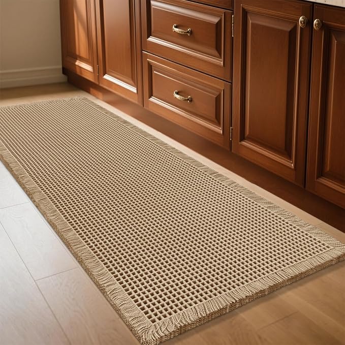 IM HOME Waffle Bath Mat Beige 4'x2', Boho Woven Modern Bath Mat Rugs, Absorbent Non Slip Bathroom Rugs, Soft Washable Bath Rugs with Tassels for Bathroom, Bedroom, Kitchen, Shower, Tub