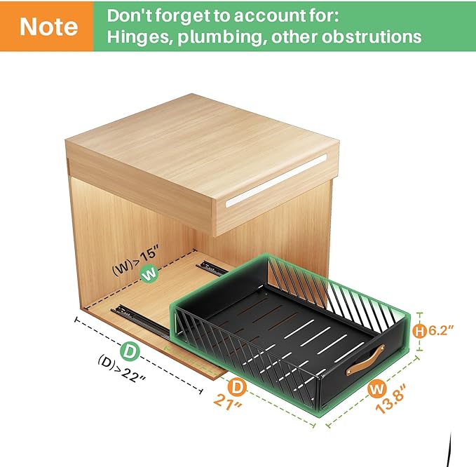 Pull out Cabinet Organizer,Heavy Duty Slide out Pantry Shelves Drawer Storage with Adhesive Nano Film,Sliding Mesh Cabinet Basket with Handle for Kitchen, Bathroom, Home, 13.8"W X 21"D X6.2"H,Black