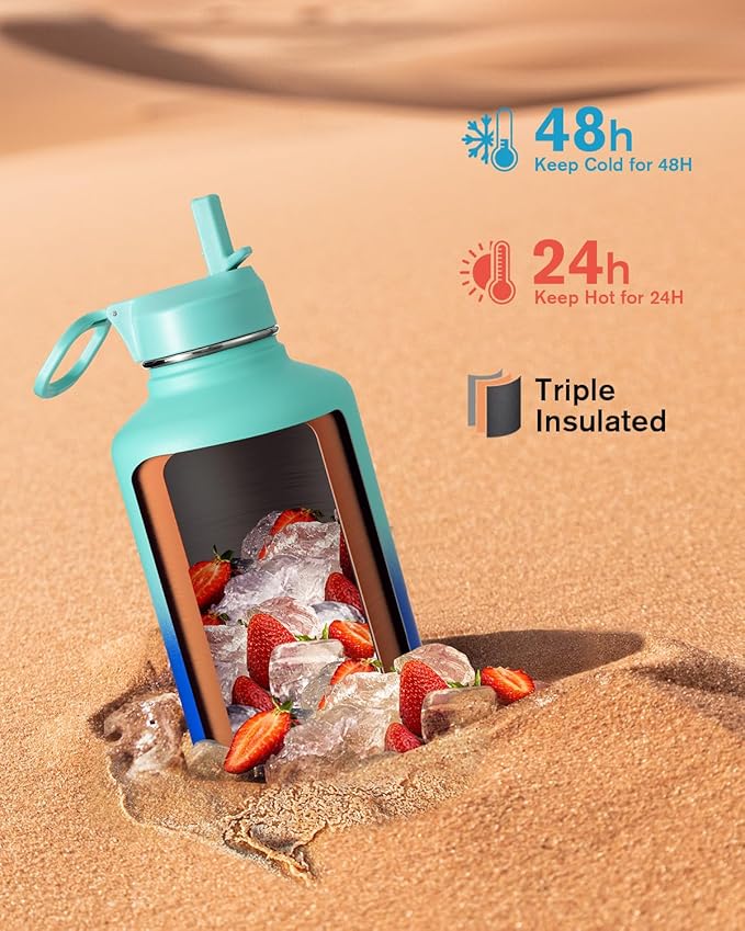 Insulated Water Bottle 64 oz with Straw & 3 Lids, Coolflask Half Gallon Water Jug Large Metal Stainless Steel Wide Mouth for Sports, Gym or Office, Non-BPA Keep Cold 48H Hot 24H, Pacific Prince