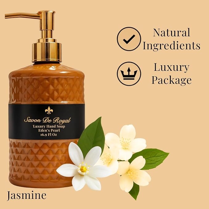 Savon De Royal Luxury Liquid Hand Soap, Jasmine Scent, Moisturizing Vegan Kitchen & Bathroom Soap for Hand Wash, Gentle & Nourishing Formula, Refillable Bottle 16.9 Fl Oz, Eden's Pearl