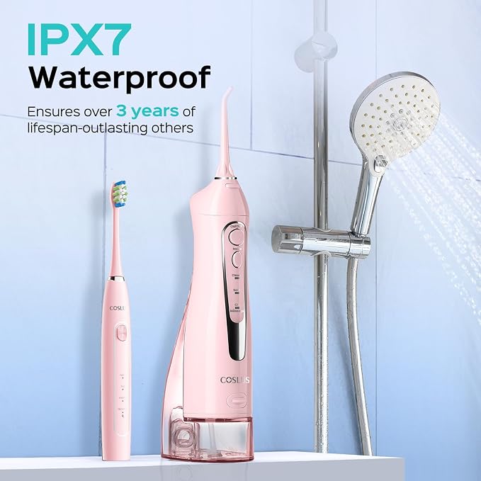 COSLUS C20C41 Water Flosser Electric Toothbrush Combo, 2-1 Oral Clean Kit | Brushing & Flossing for Teeth & Braces Cleaning, Gums Care, Portable Travel Use, Gift for Family, Adults, BPA-Free, Pink