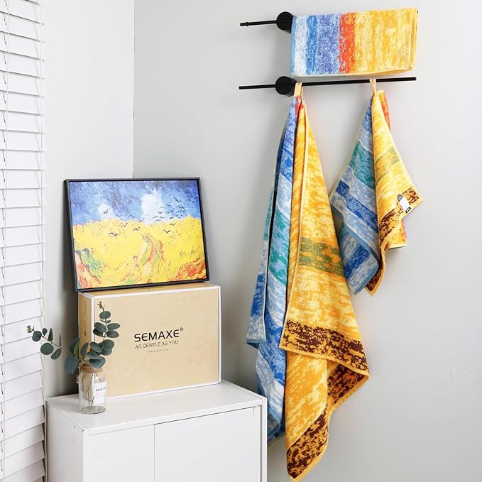 SEMAXE Bath Towel Set, 12 Piece Cotton Towel Set for Bathroom, More Towels for Family Use, Quick Dry with Hanging Loops, Easy Care, Colorful Striped