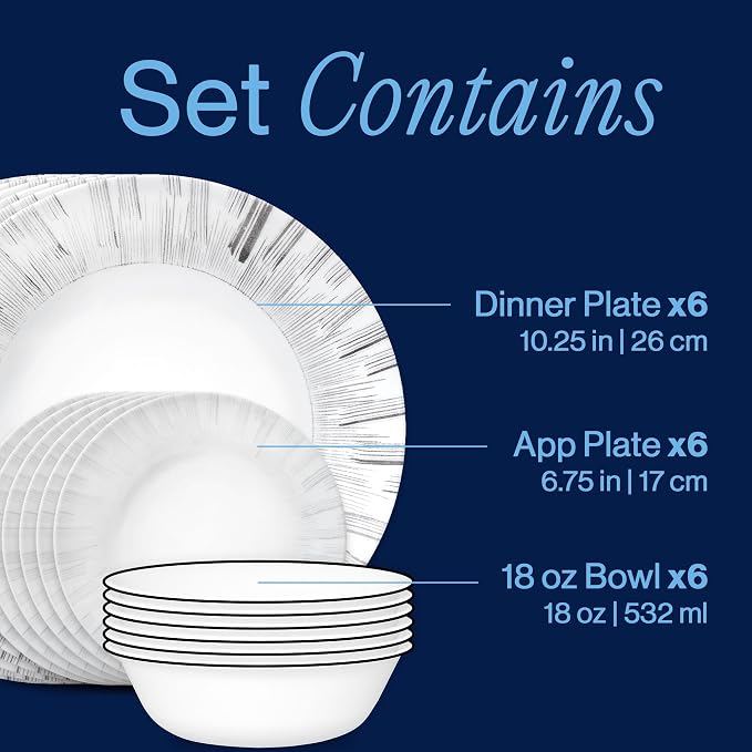 Corelle Vitrelle 18-Piece Service for 6 Dinnerware Set, Triple Layer Glass and Chip Resistant, Lightweight Round Plates and Bowls Set, Arica