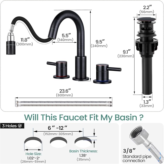 Oil Rubbed Bronze Bathroom Faucet 3 Hole with Pull Out Sprayer, Bathroom Sink Faucet with Pop Up Drain, 8 inch Widespread Faucet with 360° Swivel Spout, 2 Handle Vanity Faucet