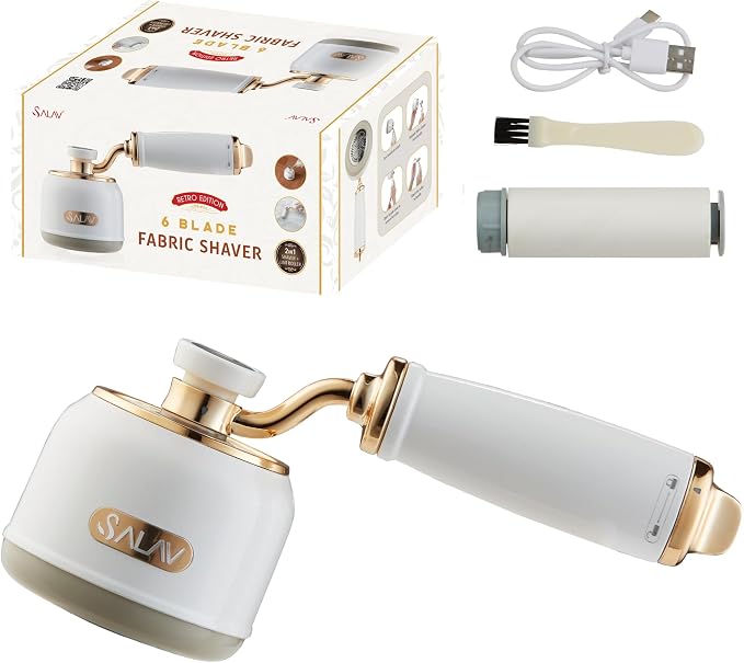 SALAV® Retro Edition Rechargeable Fabric Shaver and Lint Roller with 6-Blade System Removes Fuzz and Piling on Fabrics, with Charging Cable and Mini Brush (Pearl)