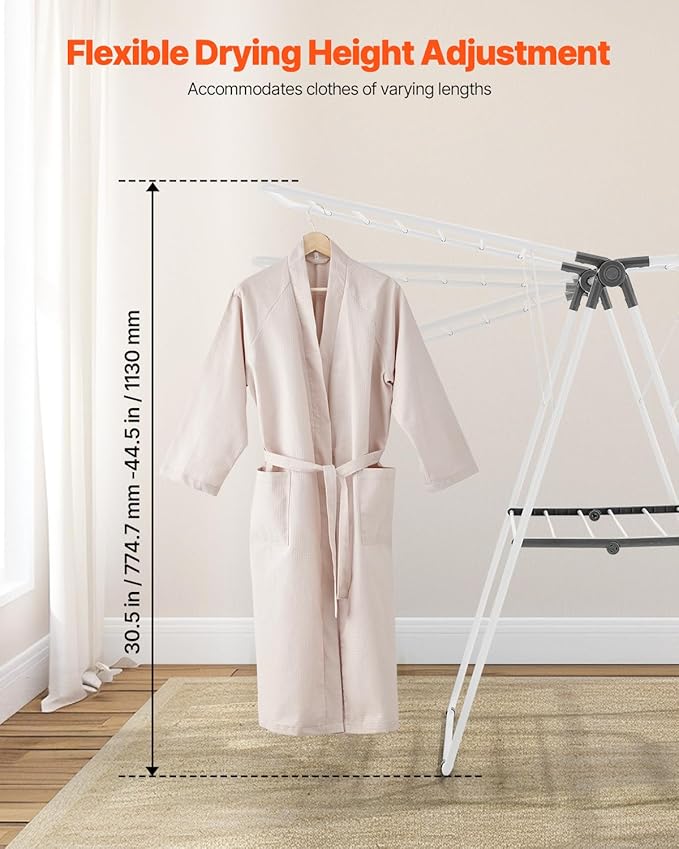 VEVOR Clothes Drying Rack, 2-Tier Foldable Laundry Dryer Rack with Sock Clips & 21 Drying Rods, Metal Height Adjustable Drying Racks for Outdoor & Indoor, Free-Standing & Space-Saving Hanger, White