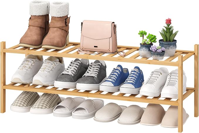 viewcare 2-Tier Long Shoe Rack for Entryway, Black Bamboo Wood Shoe Rack for Closet & Hallway, Long 33IN | Beautiful | Functional | Sturdy | Durable