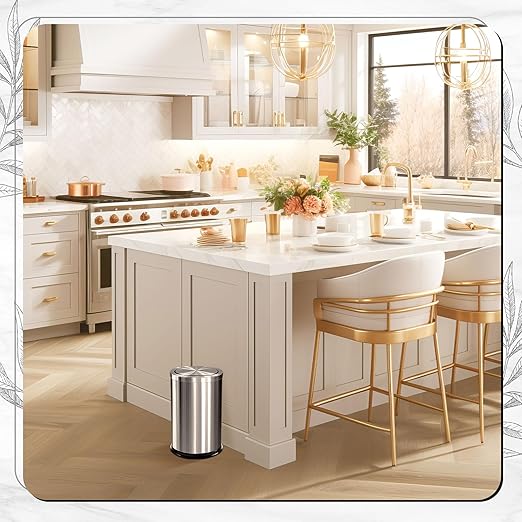 Maxdot 2 Pcs 2.4 Gallon/9 L Silver Bathroom Trash Can with Flip Lid and Toilet Brush Set, Small Luxury Stainless Steel Garbage Trash Can Wastebasket Bin for Home Office Hotel Bathroom Bedroom Kitchen