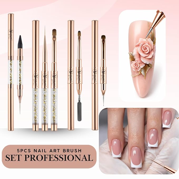 Yuslaidy Set pinceles Double Ended Nail Builder Gel Brush, French Tip Brush Hard Gel for Nails Pinceles cepillo de limpieza para esmalte de uñas de gel, Cepillo francés para uñas