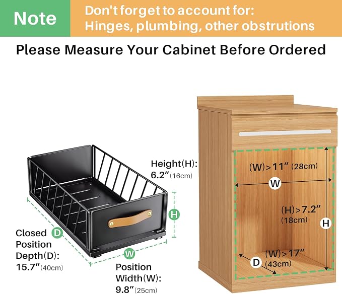 Pull out Cabinet Organizer,Heavy Duty Slide out Pantry Shelves Drawer Storage with Adhesive Nano Film,Sliding Mesh Cabinet Basket with Handle for Kitchen, Bathroom, Home, 9.8"W X 15.7"D X 6.2"H,Black