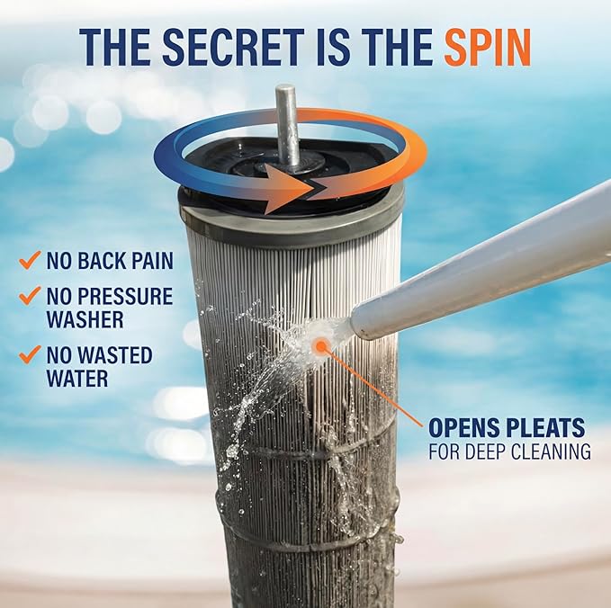 CYCLONE FILTER CLEANER – Patented Hose-Powered Spinning Pool Cartridge Filter Cleaning Tool with Stand & Spray Wand – Cleans 5X Faster – Fits 3”, 4”, 6” ID Filters