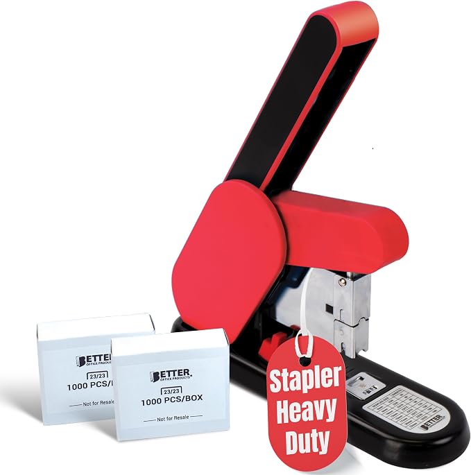 Better Office Products Heavy Duty Modern Stapler, Effortless Lever, 190 Sheet Capacity, 2,000 Heavy Duty Staples Included, Desk Stapler, Large Commercial Office Stapler (Red)