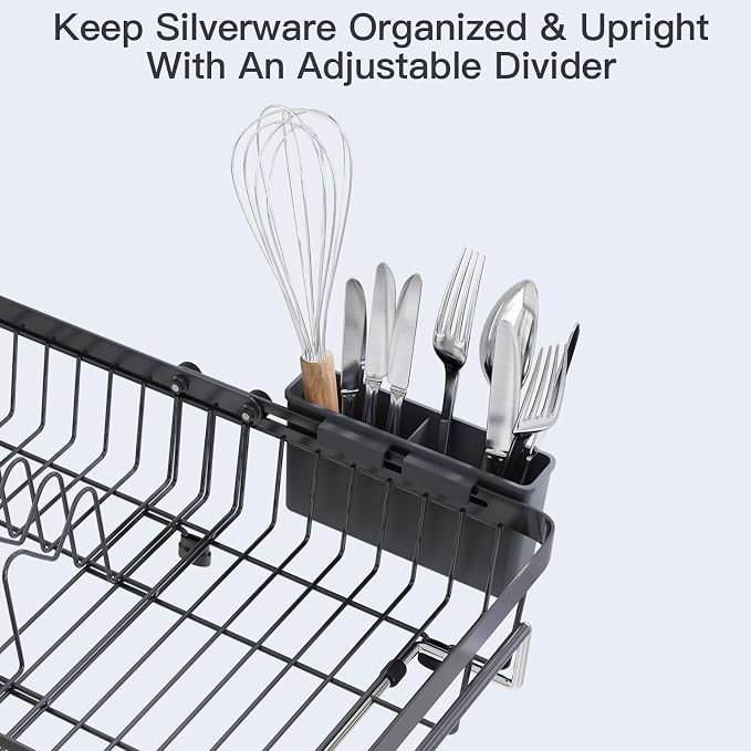 Grey Dish Drying Rack Over The Sink with Utensil Holder, Mat | Expandable Stainless Steel Dish Drainer for Small Kitchen, Apartment, RV, Counter Space Saving, Perfect Fit, Rustproof