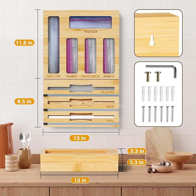 DALSHABET 9 IN1 Bamboo Storage Bag Drawer Organizer with Cutter, Foil and Plastic Wrap Dispenser for Kitchen Storage Compatible with All Brands Gallon, Quart, Sandwich & Snack Size Bags - Beige
