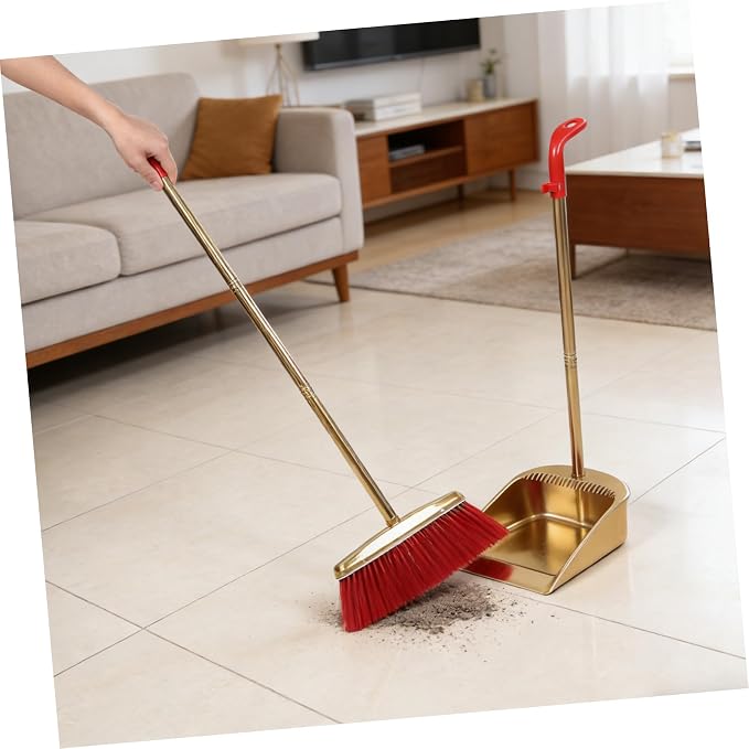 Dustpan and Broom Set with Long Handle, Stainless Steel Metal Broom and Dustpan Combo with Teeth Edge for Home Kitchen Office Floor Cleaning, Gold Color Upright Sweeping Kit