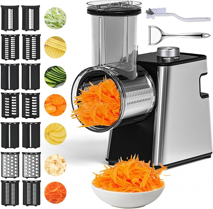 7 in 1 Electric Cheese Grater, 300W Cheese Grater for Block Cheese with 14 Blades, Y Peeler and Brush, Kitchen Automatic Cheese Shredder Electric for Vegetables, Fruits, and Salad
