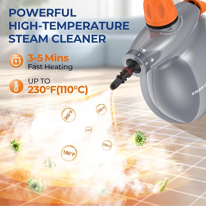Steam Cleaner, Pressurized Handheld 13pcs Multi-Purpose Natural Deep Cleaning Steamer, Portable Steamer for Cleaning Home, Grout, Kitchen, Car, Window, Upholstery, Bathroom and Clothes, Orange&Gray