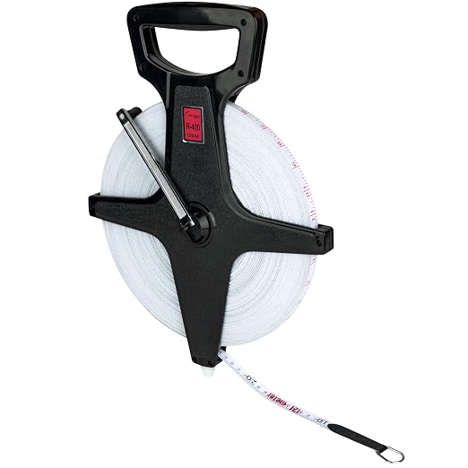 Champion Sports Open Reel Measuring Tapes – Durable Hand Crank with Metal Spike, Dual-Sided Feet & Meters, Perfect for Track & Field and Long Jump, 400 Feet/120 Meters