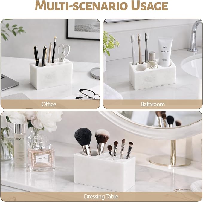 BCS Toothbrush Holder for Bathrooms, 6 Slots Open-Bottom Marble Toothbrush Organizer, Makeup Brush Stand Toothbrush Storage Collection for Bathroom Countertop Vanity Organization - Namib Bianco