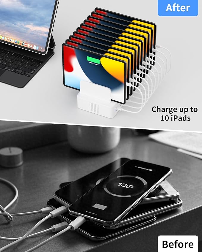 100W Charging Station for Multiple Devices, 10-Port USB Fast Charging Station with Adjustable Dividers & 10 Cables- Multi Device Organizer Charging Dock for iPhone, iPad, Tablets & More(White)