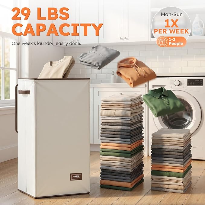 SOLEDI Clothes Hamper with Lid - 100L XL - Large Laundry Basket with Removable Bag, Collapsible Laundry Baskets, Convenient Storage - Hampers for Laundry for Bedroom, Bathroom, Closet, Dorm, Off-White
