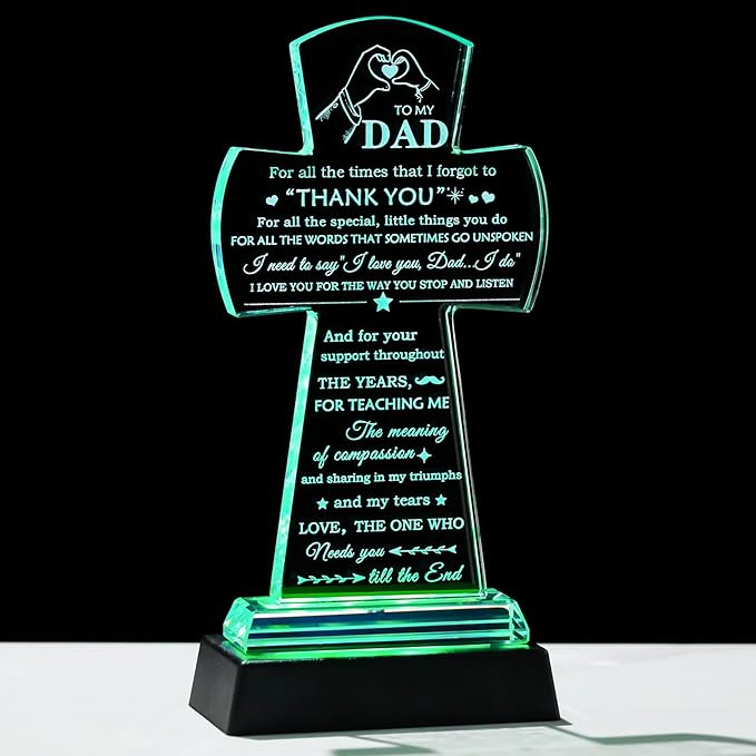 Movdyka Birthday Gifts for Dad from Daughter Son Glass Cross with Colorful Led Base, Best Dad Ever Gifts to My Dad who Have Everything, Dad Gifts Present Ideas for Fathers Day