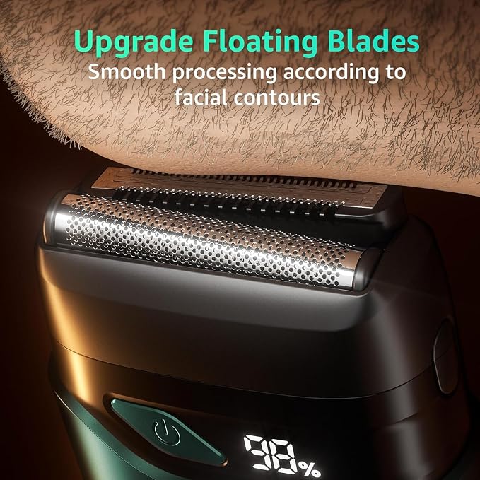 Mbzoey Electric Foil Shavers for Men: IPX7 Waterproof - Emerald Green | Mini Razor for Travel- Face Shaver with LED Display & USB-C Fast Charge - Micro-Comb Technology & Precision Blades