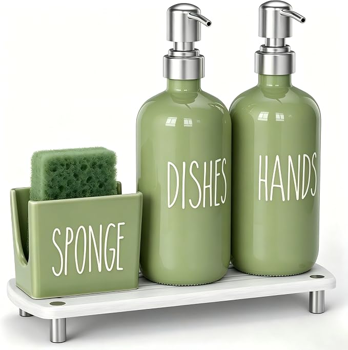 Cisily Kitchen Soap Dispenser Set Comes with Ceramics Sponge Holder, Silver Pumps, and Instant Dry Tray, Hand and Dish Soap Dispenser Set, Kitchen Sink Olive Green Decor