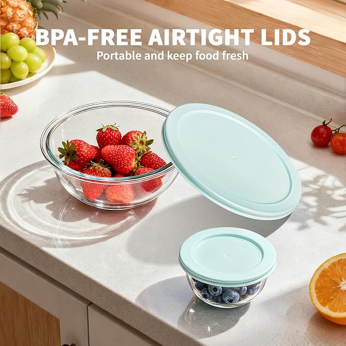 Luvan Glass Mixing Bowl with Lids Set of 5(0.2QT, 0.5QT, 1.1QT, 2.1QT, 3.75 QT), Space-Saving Nesting Bowls Anti-slip Salad Bowls for Storage, Cooking, Microwave,Freezer,Oven and Dishwasher Safe