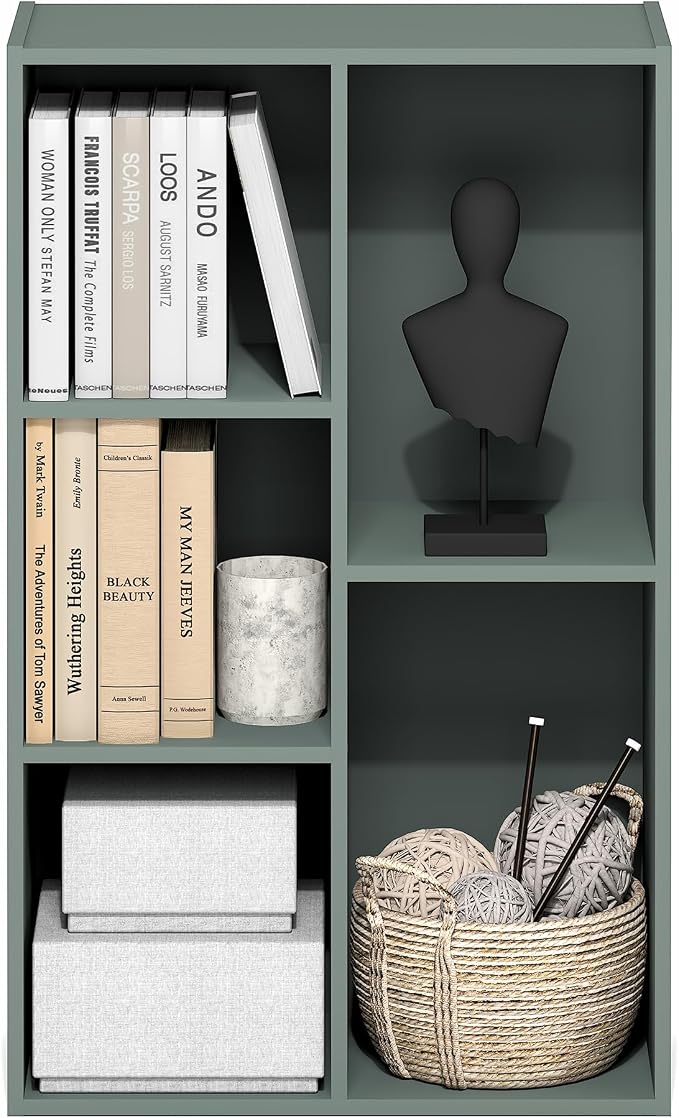 Furinno LUDER Book Shelf, 5-Cube Bookshelf, Reversible Bookcase, 9.4 x 19.5 x 31.5, Easy Assembly, for Living Room, Bedroom, Home Office, Sage Green