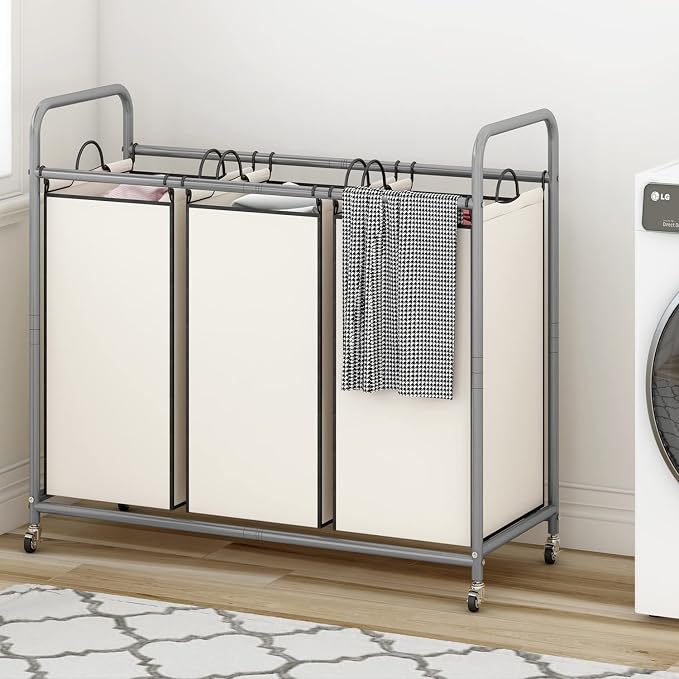 LINZINAR 3 Section Laundry Hamper, Beige Laundry Basket 135L Laundry Sorter | Laundry Room Organization with Heavy Duty Rolling Lockable Wheels and Removable Bag, Bedroom Laundry Cart for Clothes Storage
